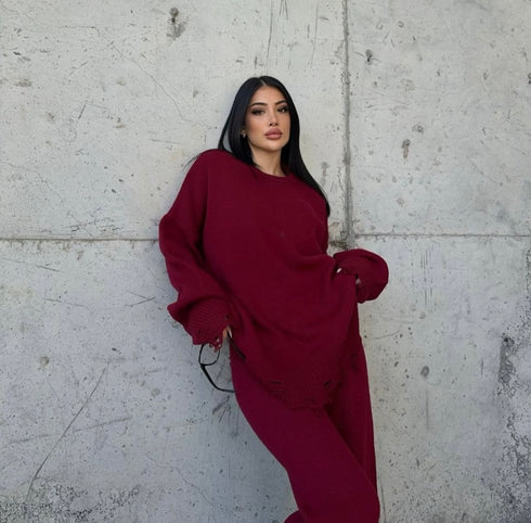 WOMEN KNITTED DISTRESSED CO-ORD SET - WINE RED